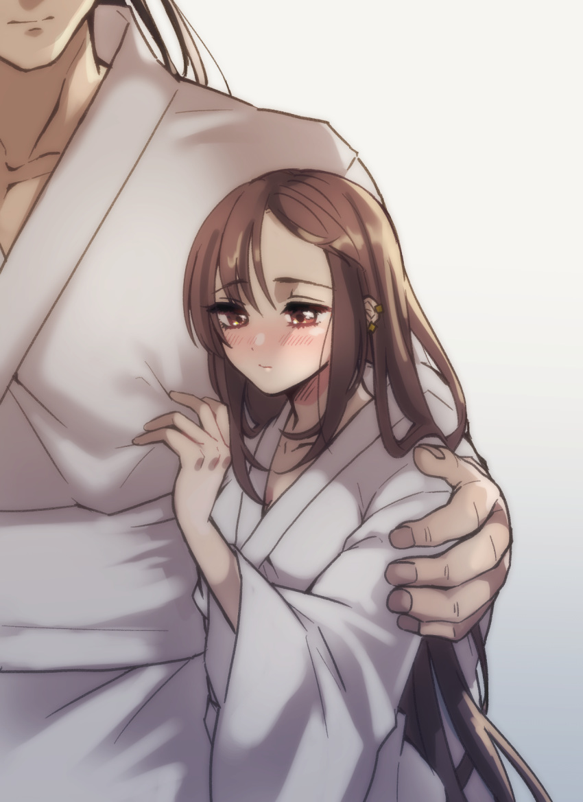 1boy 1girl blush brown_hair collarbone commentary_request consort_yu_(fate) earrings fate/grand_order fate_(series) grey_background hand_on_another's_shoulder head_out_of_frame highres humanization jewelry long_hair multiple_earrings red_eyes seeds328 size_difference very_long_hair white_robe xiang_yu_(fate/grand_order)