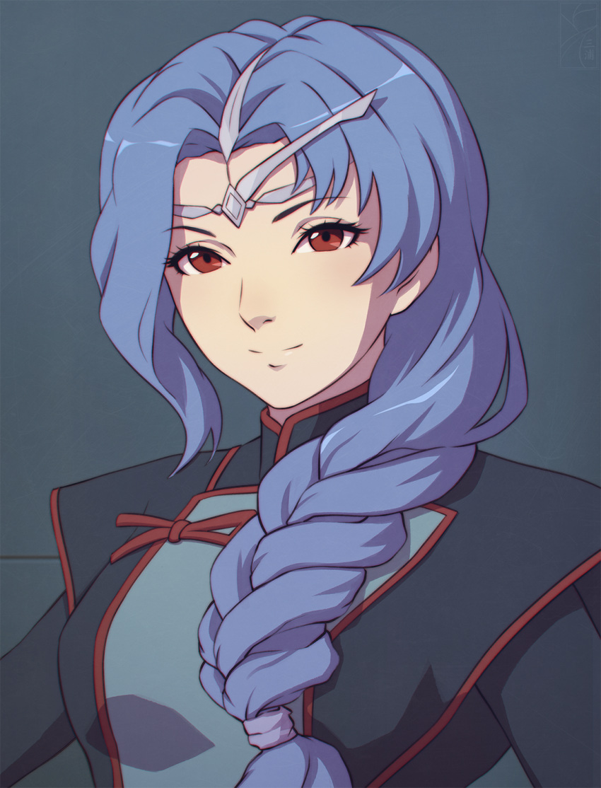 1girl blue_hair braid breasts brown_eyes closed_mouth english_commentary eyebrows_visible_through_hair hair_over_shoulder highres long_hair looking_at_viewer medium_breasts military military_uniform miura-n315 red_eyes seikai_no_senki simple_background single_braid smile solo spoor uniform upper_body