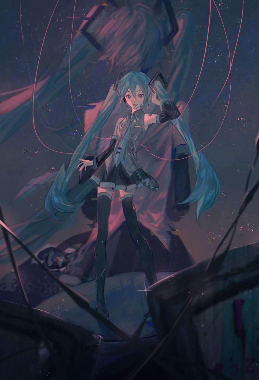 1girl aisarenakute_mo_kimi_ga_iru_(vocaloid) aqua_neckwear back-to-back bare_shoulders black_legwear black_skirt black_sleeves blue_eyes blue_hair cable commentary contrapposto detached_sleeves from_behind full_body genn_00o glint glitch grey_shirt hair_ornament hand_on_headphones hand_up hatsune_miku headphones headset highres long_hair looking_at_viewer miniskirt necktie night night_sky open_mouth pleated_skirt projected_inset scar shirt skinny skirt sky sleeveless sleeveless_shirt smile standing star_(sky) starry_sky television_screen thighhighs twintails very_long_hair vocaloid zettai_ryouiki