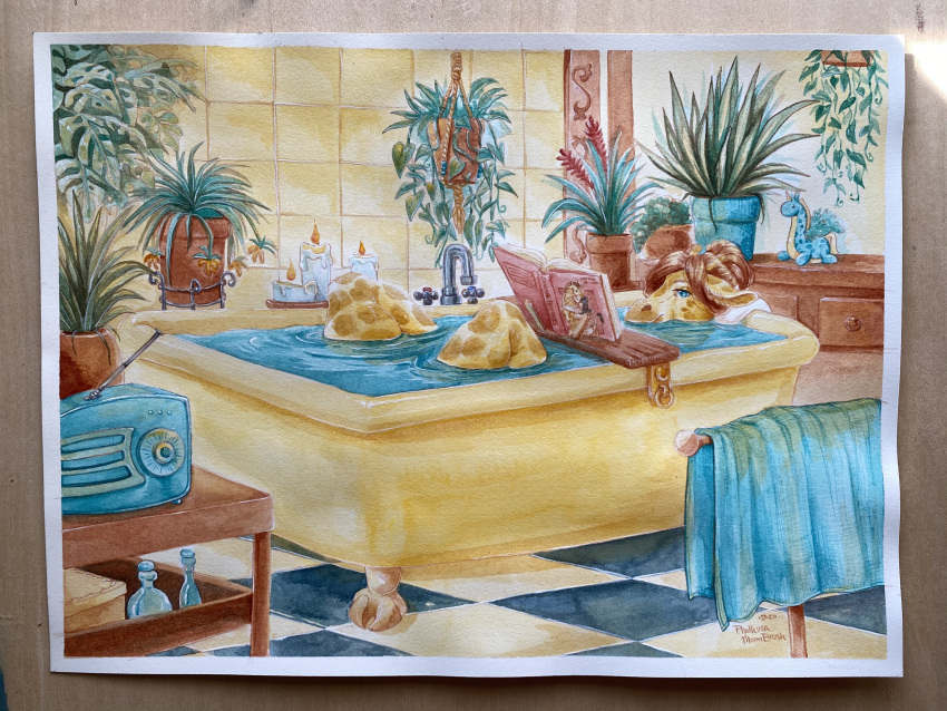 4:3 absurd_res ambiguous_gender bath bathing blue_eyes book candle candlestick giraffe giraffid gracey_(sirhcx) hi_res inside mammal painting_(artwork) phathusa plant reading solo traditional_media_(artwork) water watercolor_(artwork)