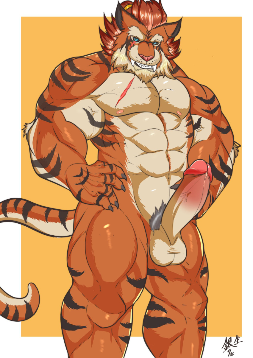 anthro big_muscles big_penis erection felid genitals hi-rez_studios hi_res hybrid looking_at_viewer male mammal mature_male muscular muscular_anthro muscular_male nude paladins pantherine penis pubes scar smile smiling_at_viewer solo tiberius_(paladins) tiger tigon