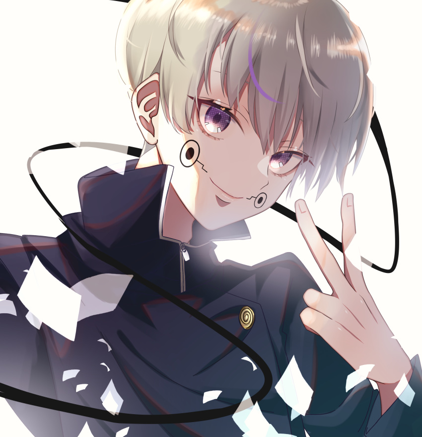 1boy absurdres bangs black_jacket blonde_hair closed_mouth commentary_request facial_tattoo gakuran hair_between_eyes hand_up high_collar highres inumaki_toge jacket jujutsu_kaisen long_sleeves looking_at_viewer male_focus paper purple_eyes rurimiya school_uniform short_hair simple_background smile solo tattoo upper_body v white_background