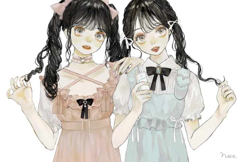 2girls bangs belt black_bow black_hair bow braid brooch choker commentary_request darico dress dress_bow electronic_cigarette eyeshadow fingernails frilled_choker frilled_sleeves frills gem grey_eyes hair_bow hair_ribbon heart heart_choker high_belt highres holding holding_hair jewelry long_hair looking_at_viewer makeup multiple_girls nail_art object_request orange_eyeshadow original parted_lips pink_belt pink_bow pink_choker playing_with_own_hair puffy_short_sleeves puffy_sleeves ribbon scar short_sleeves signature simple_background suspenders tongue tongue_out twintails upper_body upper_teeth white_background white_ribbon wrist_cutting