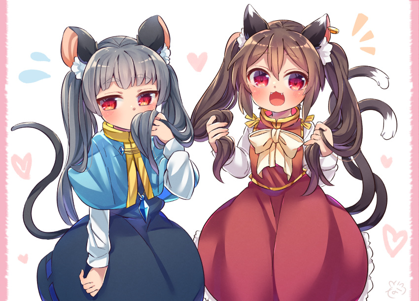 2girls :3 alternate_hair_length alternate_hairstyle animal_ear_fluff animal_ears bangs black_skirt blue_capelet blush bow capelet cat_ears cat_tail chen commentary_request covering_mouth cowboy_shot eyebrows_visible_through_hair fangs flying_sweatdrops heart heart_background highres holding holding_hair ibaraki_natou jewelry looking_at_viewer mouse_ears mouse_tail multiple_girls multiple_tails nazrin no_hat no_headwear open_mouth pendant petticoat pillarboxed red_eyes red_skirt red_vest silver_hair single_earring skirt standing tail thick_eyebrows touhou twintails twintails_day vest white_bow white_neckwear