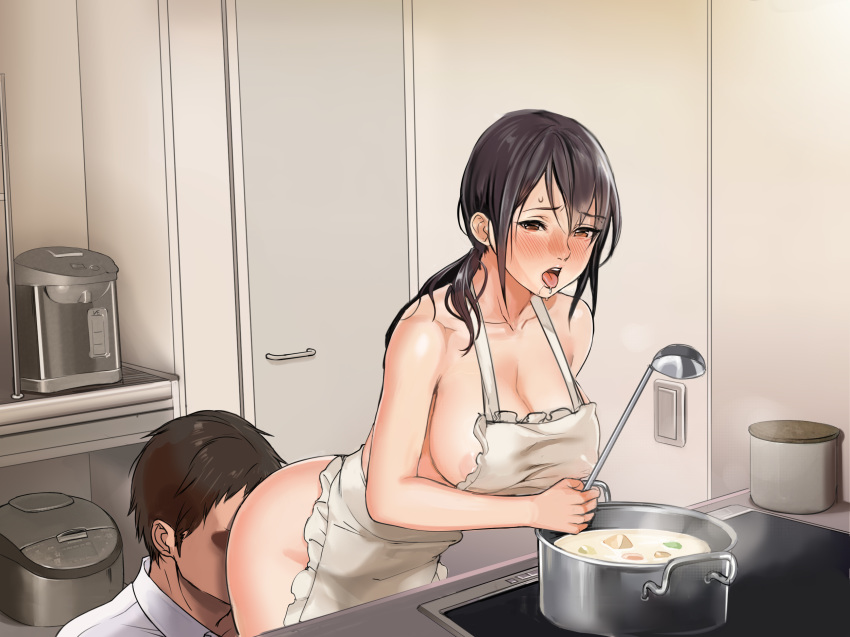 apron areola_slip areolae blush breasts brown_eyes brown_hair cooking cunnilingus door embarrassed food highres holding indoors inkey kitchen ladle large_breasts legs long_hair long_ponytail looking_at_viewer matching_hair/eyes naked_apron open_mouth oral original ponytail risou_no_oku-san_to!_shitaikoto,_zenbu standing thighs
