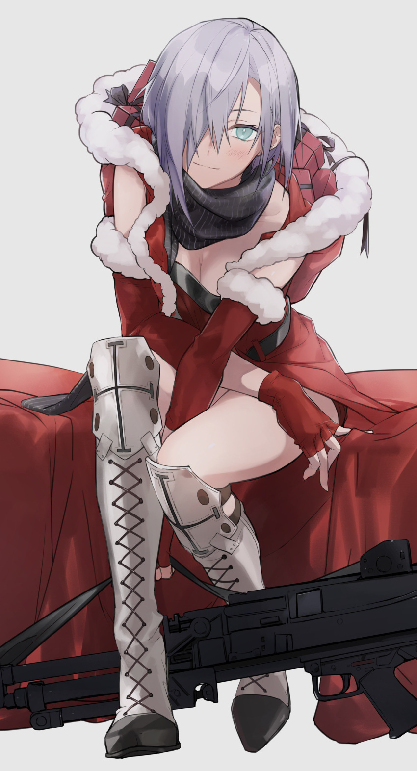 1girl absurdres alternate_costume ashita_kura blue_eyes blue_hair boots breasts christmas cleavage fingerless_gloves gift girls_frontline gloves hair_over_one_eye highres knee_boots knee_pads mg5 mg5_(girls_frontline) one_eye_covered sack santa_costume scarf smile solo