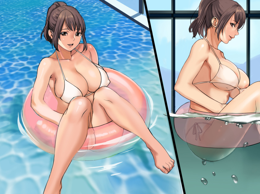 bare_arms bare_legs bare_shoulders bikini blush breasts brown_eyes brown_hair cleavage feet groin happy high_ponytail highres inkey innertube large_breasts legs long_hair looking_at_viewer matching_hair/eyes multiple_views original parted_lips partially_submerged ponytail pool risou_no_oku-san_to!_shitaikoto,_zenbu sitting smile solo spread_legs string_bikini swimsuit thighs tied_hair toes water wet white_bikini