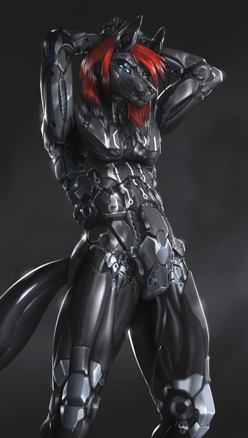 android anthro black_body canid canine canis featureless_crotch glistening glistening_body hair hands_behind_head hi_res long_hair machine male mammal nude rakisha robot solo standing wolf