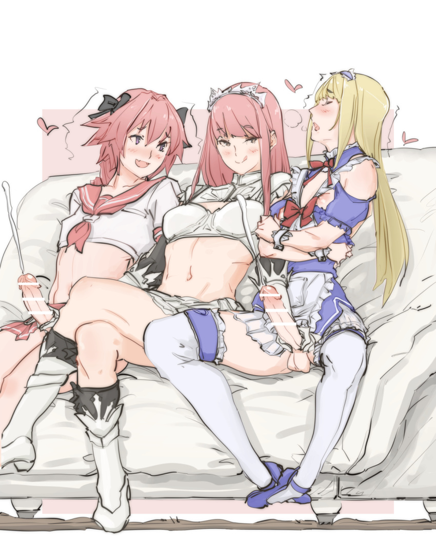 /\/\/\ 1girl 2boys :q amanda_kenny astolfo_(fate) black_bow black_ribbon blonde_hair blush boots bow braid chevalier_d'eon_(fate/grand_order) closed_eyes commentary_request couch crossed_arms cum detached_sleeves double_handjob ejaculation elbow_gloves fang fate/grand_order fate_(series) gloves hair_bow hair_intakes hair_ribbon handjob heart highres large_penis long_hair long_sleeves looking_at_another maid maid_headdress medb_(fate)_(all) medb_(fate/grand_order) moaning multiple_boys navel on_couch open_mouth otoko_no_ko penis pink_eyes pink_hair pink_skirt red_sailor_collar ribbon sailor_collar school_uniform serafuku short_sleeves single_braid sitting skin_fang skirt smug stomach testicles thighhighs tiara tongue tongue_out trembling white_footwear white_skirt yellow_eyes