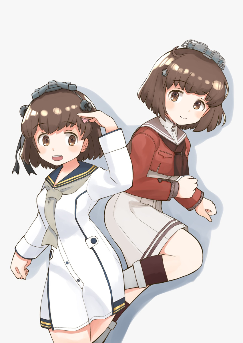 2girls anchor_symbol binoculars black_legwear black_sailor_collar brown_eyes brown_hair brown_neckwear cherry_blossoms cowboy_shot dress dual_persona flower grey_neckwear grey_sailor_collar hair_flower hair_ornament hairclip headgear headset highres kantai_collection looking_at_viewer multiple_girls neckerchief red_shirt rudder_footwear sailor_collar sailor_dress sailor_shirt shirt short_hair simple_background socks speaking_tube_headset tan_yang_(kantai_collection) toplow white_background white_dress yukikaze_(kantai_collection)