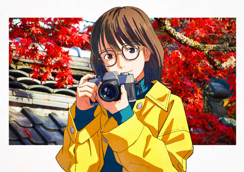 1girl bangs blue_sweater brown_eyes brown_hair camera coat eyebrows_visible_through_hair glasses holding holding_camera long_sleeves looking_at_viewer medium_hair original photo_background smile solo sweater tomoke yellow_coat