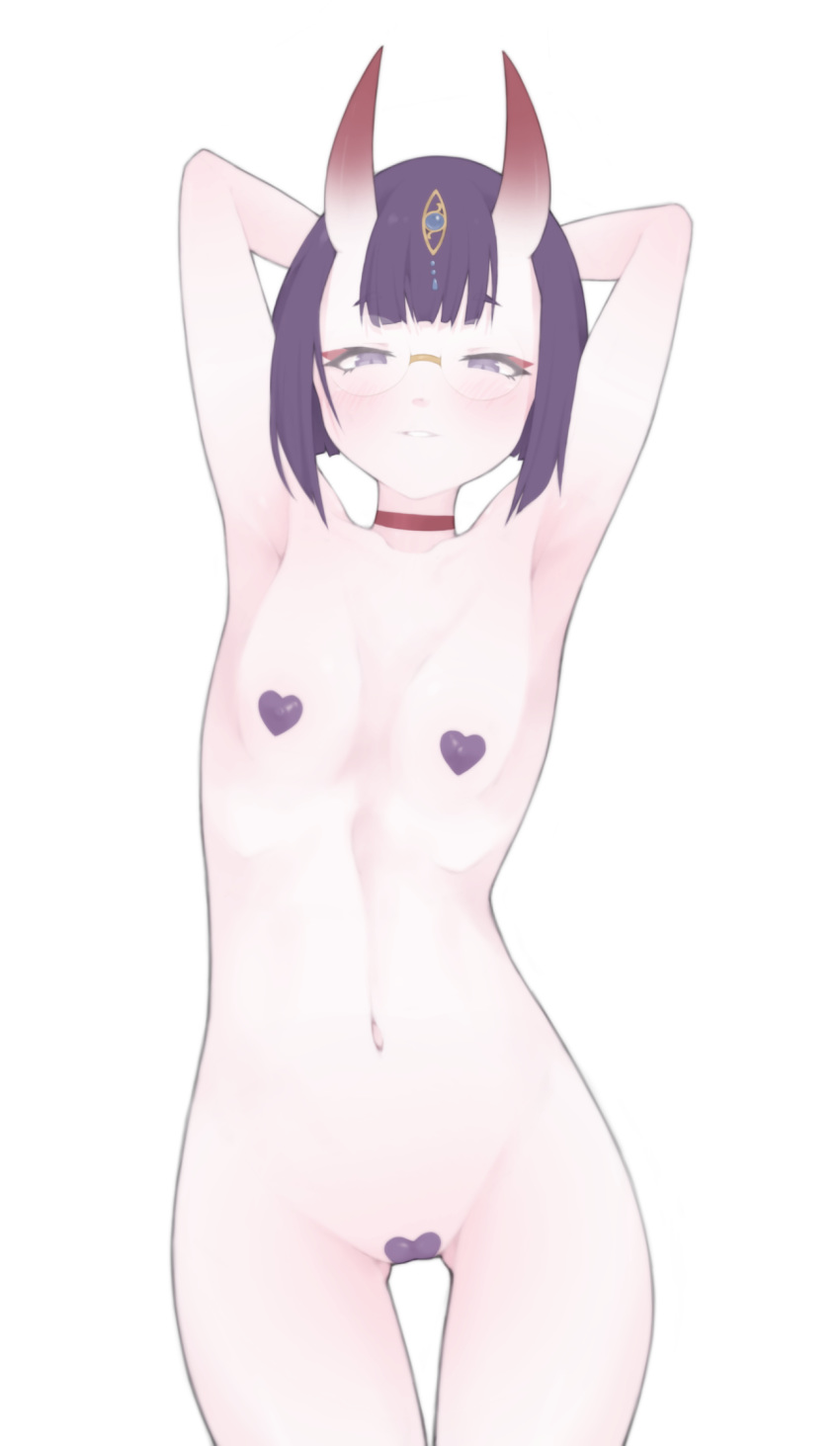 1girl armpits arms_behind_head arms_up bangs blush bob_cut breasts choker collarbone covered_nipples fate/grand_order fate_(series) glasses headpiece heart_pasties highres horns looking_at_viewer maebari navel nude oni oni_horns pasties purple_eyes purple_hair secretperson short_eyebrows short_hair shuten_douji_(fate/grand_order) simple_background skin-covered_horns small_breasts smile thighs white_background