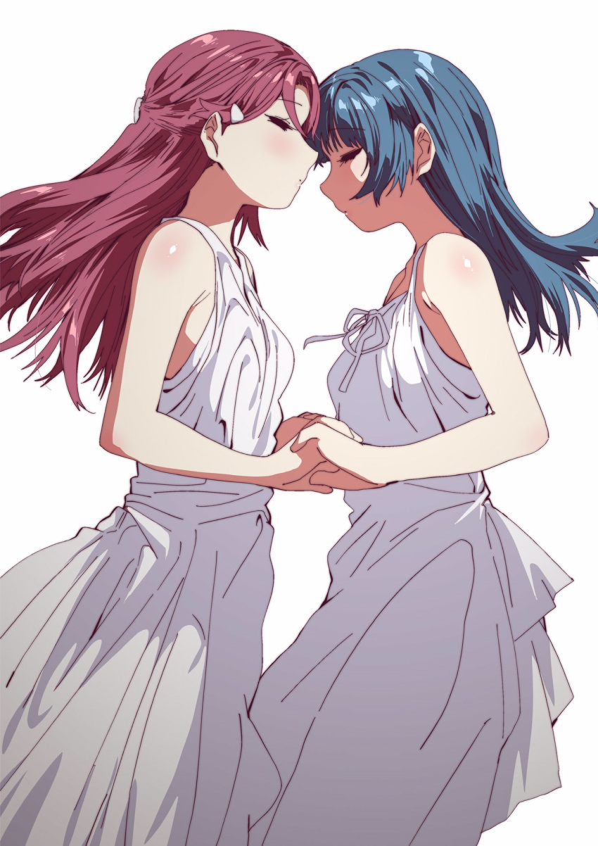 2girls barrette blue_hair bow closed_eyes closed_mouth dress ecoman facing_another hair_ornament hairclip half_updo hands_clasped highres holding_hands long_hair love_live! love_live!_sunshine!! multiple_girls own_hands_together red_hair sakurauchi_riko simple_background string_bowtie sundress tsushima_yoshiko white_dress yuri