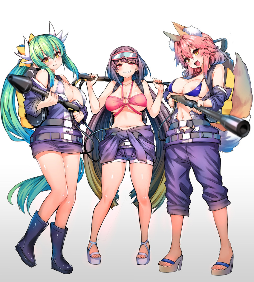 3girls animal_ear_fluff animal_ears bangs bare_shoulders bikini blue_bikini blue_jacket blue_shorts blush boots breasts brown_hair cleavage clothes_around_waist collarbone dragon_horns fate/extra fate/grand_order fate_(series) fox_ears fox_girl fox_tail goggles goggles_on_head gradient_hair green_hair highres horns jacket jacket_around_waist kiyohime_(fate/grand_order) large_breasts long_hair looking_at_viewer multicolored_hair multiple_girls multiple_horns navel off_shoulder open_mouth osakabe-hime_(fate/grand_order) pink_bikini ponytail purple_eyes sandals shorts sidelocks ski_goggles smile swimsuit tail tamamo_(fate)_(all) tamamo_no_mae_(fate) twintails very_long_hair white_bikini wisespeak yellow_eyes