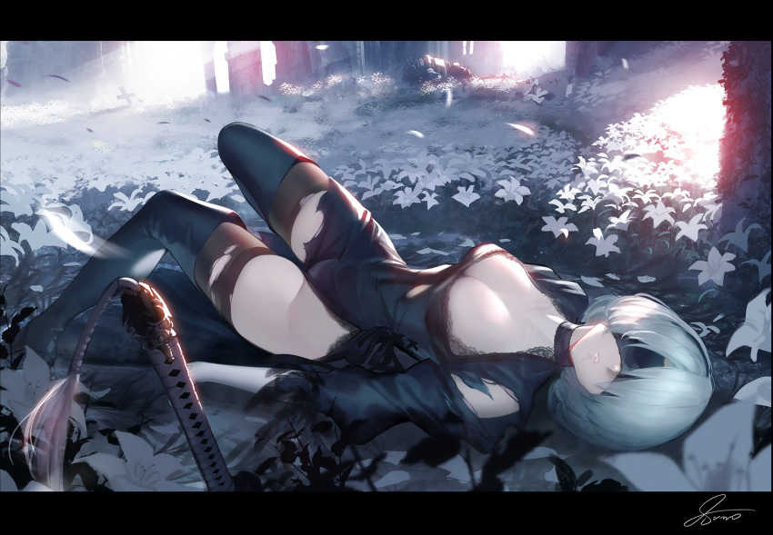 1girl artist_name bangs black_footwear black_legwear blindfold boots breasts cleavage closed_mouth commentary_request dress flower forest hairband lunar_tear lying medium_breasts mole mole_under_mouth nature nier_(series) nier_automata on_back outdoors petals puffy_short_sleeves puffy_sleeves short_hair short_sleeves signature siino solo sword thigh_boots thighhighs thighs torn_clothes torn_dress torn_legwear weapon white_hair yorha_no._2_type_b