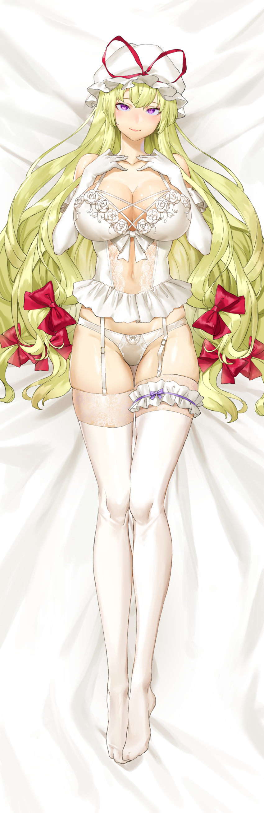 1girl absurdres bangs blonde_hair bow breasts closed_mouth corset dakimakura elbow_gloves floral_print frilled_corset frilled_gloves frills garter_straps gloves hair_between_eyes hair_bow hat hat_ribbon head_tilt highres hip_focus huge_breasts kuroi_suna lace lace-trimmed_legwear lace_trim leg_garter lingerie long_hair long_legs looking_at_viewer mob_cap on_bed outline panties pink_lips purple_eyes red_ribbon reflective_eyes ribbon rose_print see-through shiny shiny_clothes shiny_hair shiny_skin skindentation smile solo thigh_gap thighhighs thighs touhou underwear underwear_only very_long_hair white_corset white_garter_straps white_gloves white_headwear white_legwear white_panties yakumo_yukari