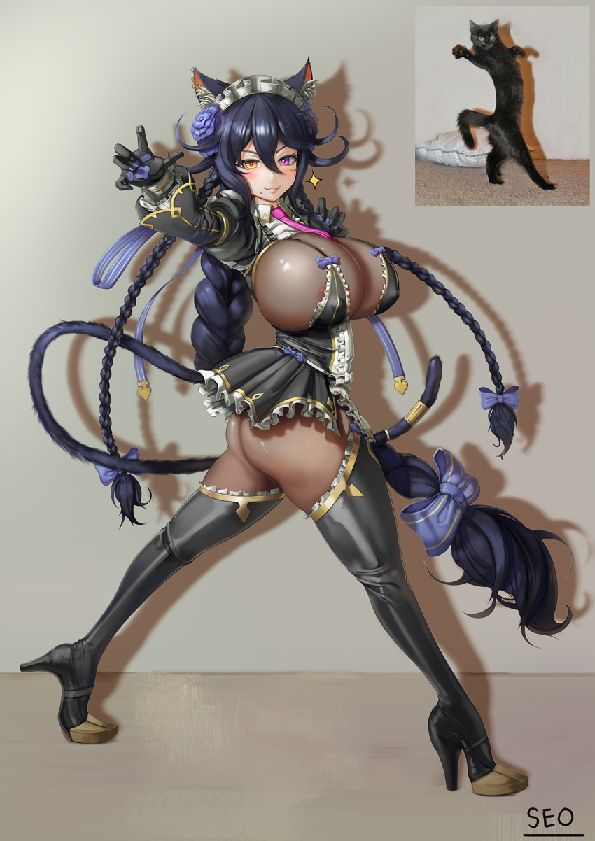 1girl :3 absurdly_long_hair animal_ears areola_slip areolae artist_name ass blush boots braid breasts brown_bodysuit cat cat_ears cat_girl cat_tail cleavage flower full_body hair_between_eyes hair_flower hair_ornament heterochromia high_heels highres huge_breasts last_origin long_hair looking_at_viewer maid_headdress mole mole_under_mouth multiple_braids necktie photo-referenced poi_(last_origin) purple_eyes purple_hair reference_photo seo_(tqhgud016) signature tail thigh_boots thighhighs tri_braids very_long_hair yellow_eyes