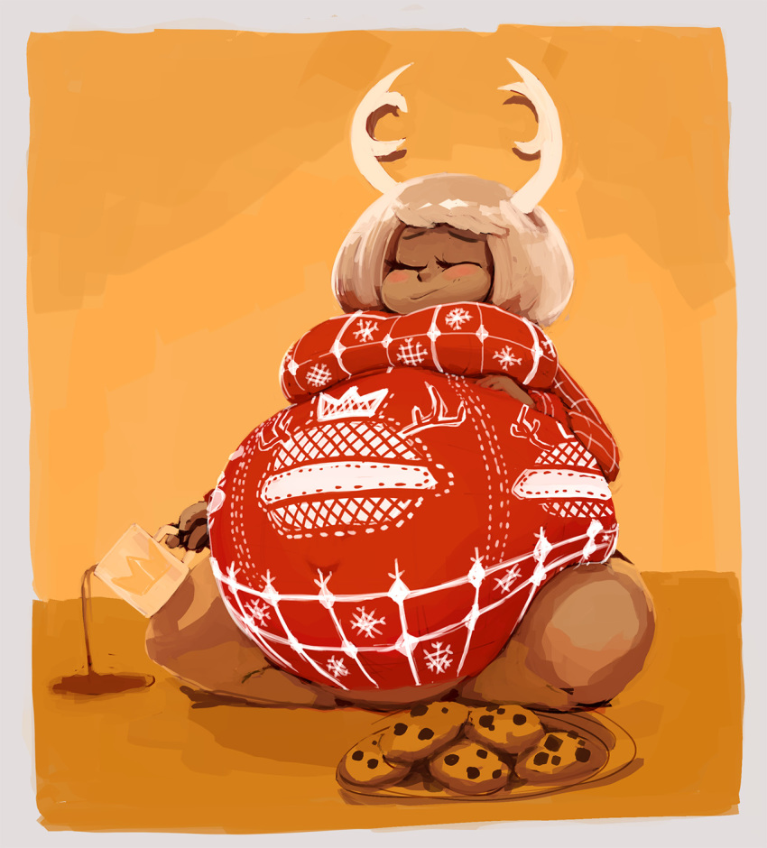 2018 belly beverage big_belly breasts brown_body brown_skin christmas cookie female food hi_res holidays horn humanoid orange_background overweight overweight_female overweight_humanoid simple_background sitting solo stuffing susfishous