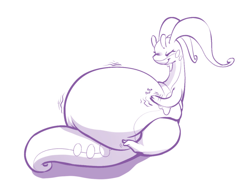 2018 ambiguous_gender belly big_belly goodra hand_on_stomach lowkey lying monochrome nintendo overweight overweight_ambiguous pok&eacute;mon pok&eacute;mon_(species) purple_and_white simple_background solo video_games white_background