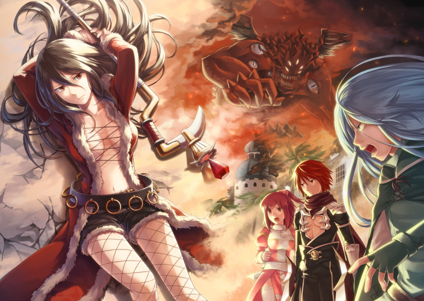 2girls 3boys armor assassin_cross_(ragnarok_online) bangs belt black_belt black_cape black_pants black_shirt black_shorts blue_hair bow breasts brown_eyes brown_hair cape character_request closed_mouth coat comiket_87 commentary_request cover cover_page cowboy_shot cross dagger demon destruction doujin_cover dress extra_eyes eyebrows_visible_through_hair fishnet_legwear fishnets fur-trimmed_coat fur-trimmed_shorts fur_trim green_cape green_shirt high_priest_(ragnarok_online) holding holding_dagger holding_staff holding_weapon jamadhar juliet_sleeves knife long_hair long_sleeves lying medium_breasts multiple_boys multiple_girls natsuya_(kuttuki) navel on_back open_clothes open_mouth open_shirt palm_tree pants pantyhose pauldrons ponytail puffy_sleeves ragnarok_online red_coat red_dress red_eyes red_hair red_scarf rogue_(ragnarok_online) sash satan_morroc scarf shirt short_hair short_shorts shorts shoulder_armor skull staff thighhighs torn_cape torn_clothes tree two-tone_dress vambraces waist_cape weapon white_bow white_dress white_legwear white_sash