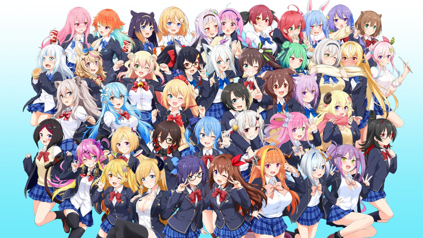 6+girls :o absurdres ahoge airani_iofifteen akai_haato aki_rosenthal alternate_costume amane_kanata animal animal_ears ayunda_risu azki_(hololive) bangs black_hair black_legwear blonde_hair blue_eyes blue_hair blue_skirt blush bow breasts brown_hair bunny_ears cat_ears cellphone cleavage collared_shirt colored_inner_hair dark_skin dark_skinned_female demon_girl dog_ears double_v ears enma-chan everyone expressionless eyebrows_visible_through_hair fang felutiahime food fox_ears gawr_gura glasses gradient gradient_legwear green_eyes grey_eyes grey_hair hair_between_eyes hair_bow hair_ornament hairband hamburger headphones headphones_around_neck heterochromia highres himemori_luna holding holding_food holding_paintbrush holding_phone hololive hololive_english hololive_indonesia horns hoshimachi_suisei houshou_marine inugami_korone iphone_x jumping kiryuu_coco large_breasts light_blush loafers long_sleeves looking_at_viewer looking_to_the_side mano_aloe medium_breasts medium_hair minato_aqua momosuzu_nene monocle_hair_ornament moona_hoshinova mori_calliope multicolored_hair multiple_girls murasaki_shion nakiri_ayame natsuiro_matsuri nekomata_okayu ninomae_ina'nis no_mole omaru_polka one_eye_closed one_side_up oni_horns ookami_mio oozora_subaru open_mouth orange_eyes paint paint_on_face paintbrush phone pink_eyes pink_hair plaid plaid_skirt pleated_skirt purple_eyes purple_hair red_bow red_eyes red_hair roboco-san sakura_miko scarf school_uniform shared_scarf sharp_teeth shirakami_fubuki shiranui_flare shirogane_noel shirt shishiro_botan shoes sidelocks simple_background sitting skirt smartphone smile socks squirrel_ears squirrel_girl squirrel_tail star_(symbol) succubus swept_bangs tail takanashi_kiara teeth thighhighs tokino_sora tokoyami_towa tongue tongue_out tsunomaki_watame twintails uniform uruha_rushia usada_pekora v v_over_eye virtual_youtuber watson_amelia white_background white_shirt yellow_eyes yozora_mel yukihana_lamy yuujin_a_(hololive) yuzuki_choco zettai_ryouiki