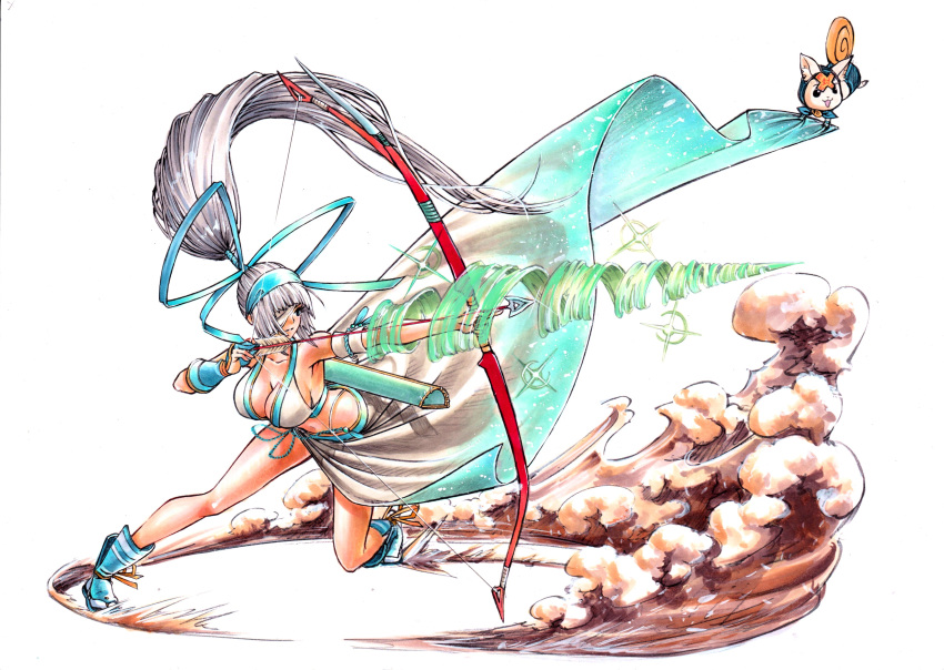 1girl absurdres arrow_(projectile) bangs bare_shoulders bow bow_(weapon) bowtie breasts champuru cleavage closed_mouth commentary_request dust dust_cloud eyepatch full_body gloves gradient gradient_background hairband highres holding holding_bow_(weapon) holding_weapon large_breasts long_hair looking_away majikina_mina midriff ponytail rodrigo_yoshimiya samurai_spirits sandals shiny shiny_hair silver_hair simple_background single_glove sleeveless socks sparkle thighs tied_hair very_long_hair weapon white_background white_legwear