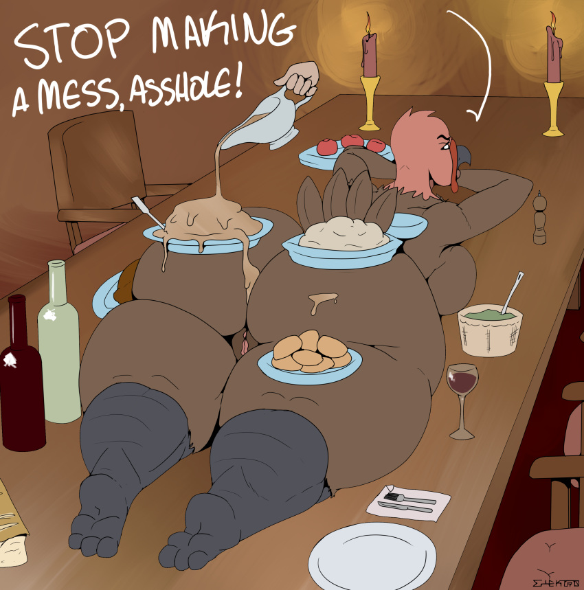 absurd_res alcohol anthro avian beverage big_breasts big_butt bird bottle breasts butt dialogue disembodied_hand elektr0 female furniture galliform genitals gravy hi_res holidays huge_butt lit_candle nude phasianid plate pussy solo_focus table thanksgiving thick_thighs turkey wine wine_glass