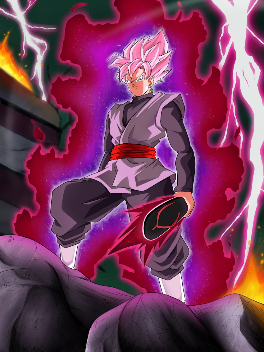 1boy absurdres aura belt black_pants black_shirt boots building commentary dark_sky debris dougi dragon_ball dragon_ball_super dragon_ball_z_dokkan_battle earrings energy energy_weapon english_commentary fire flip-flops frown glaring gloves glowing goku_black highres holding holding_clothes holding_footwear jewelry long_sleeves looking_at_viewer male_focus meme mixed-language_commentary pants pink_hair potara_earrings red_belt sandals shirt single_earring solo spanish_commentary super_saiyan super_saiyan_rose thunder white_footwear white_gloves zwaka6