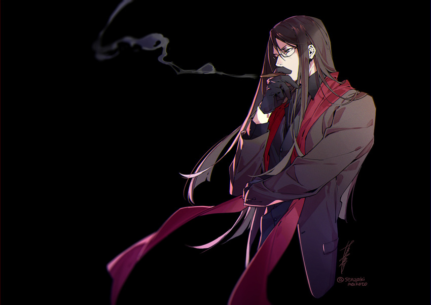 1boy black_gloves black_jacket cigar fate/grand_order fate_(series) gloves jacket long_coat lord_el-melloi_ii lord_el-melloi_ii_case_files male_focus older senzaki_makoto smoke smoking solo stole upper_body waver_velvet