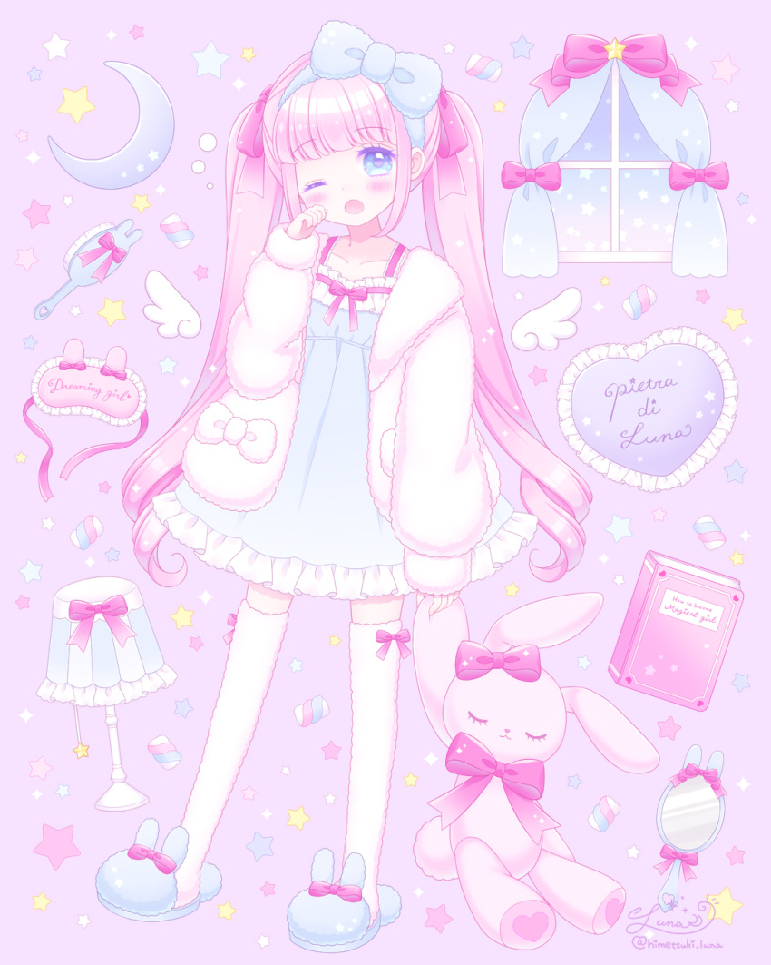 1girl ;o animal_slippers bangs blue_bow blue_dress blue_eyes blue_footwear blue_hairband blush bow bunny_slippers collarbone commentary_request curtains detached_wings dress eyebrows_visible_through_hair frilled_dress frills full_body hair_bow hair_brush hairband hand_mirror heart highres himetsuki_luna holding holding_stuffed_toy jacket lamp lampshade long_hair long_sleeves mini_wings mirror one_eye_closed open_clothes open_jacket open_mouth original pink_background pink_hair puffy_long_sleeves puffy_sleeves sleep_mask sleeves_past_wrists slippers solo standing standing_on_one_leg star_(symbol) stuffed_animal stuffed_bunny stuffed_toy thighhighs twintails very_long_hair white_jacket white_legwear white_wings window wings