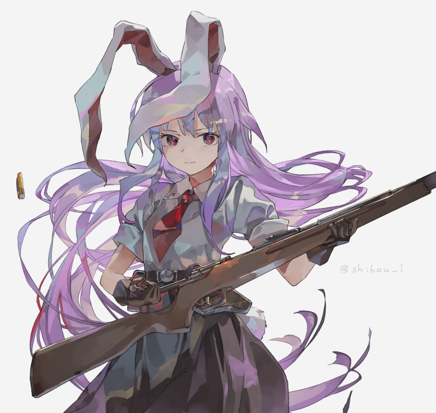 1girl animal_ears artist_name bangs black_skirt blouse brown_gloves bunny_ears bunny_tail closed_mouth collared_blouse commentary_request floating_hair gloves gun highres holding holding_gun holding_weapon light_purple_hair long_hair looking_at_viewer necktie red_eyes red_neckwear reisen_udongein_inaba reloading rifle shell_casing shihou_(g-o-s) short_sleeves skirt solo tail touhou very_long_hair weapon weapon_request white_blouse wing_collar