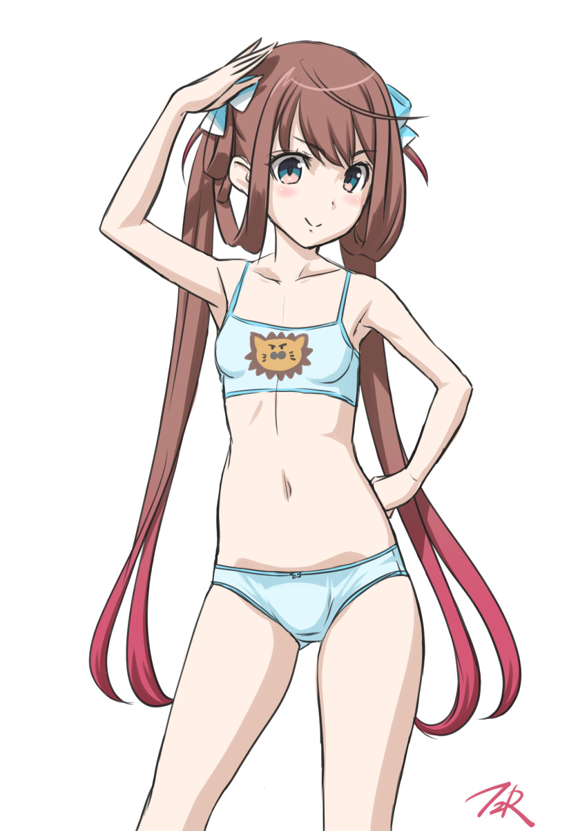 1girl armpits artist_name asagumo_(kantai_collection) bangs blue_bra blue_panties bra breasts brown_hair collarbone commentary_request contrapposto cowboy_shot eyebrows_visible_through_hair hair_ribbon hand_on_hip highres kantai_collection long_hair looking_at_viewer navel panties ribbon salute silver_eyes simple_background small_breasts smile solo standing t2r training_bra twintails underwear underwear_only white_background