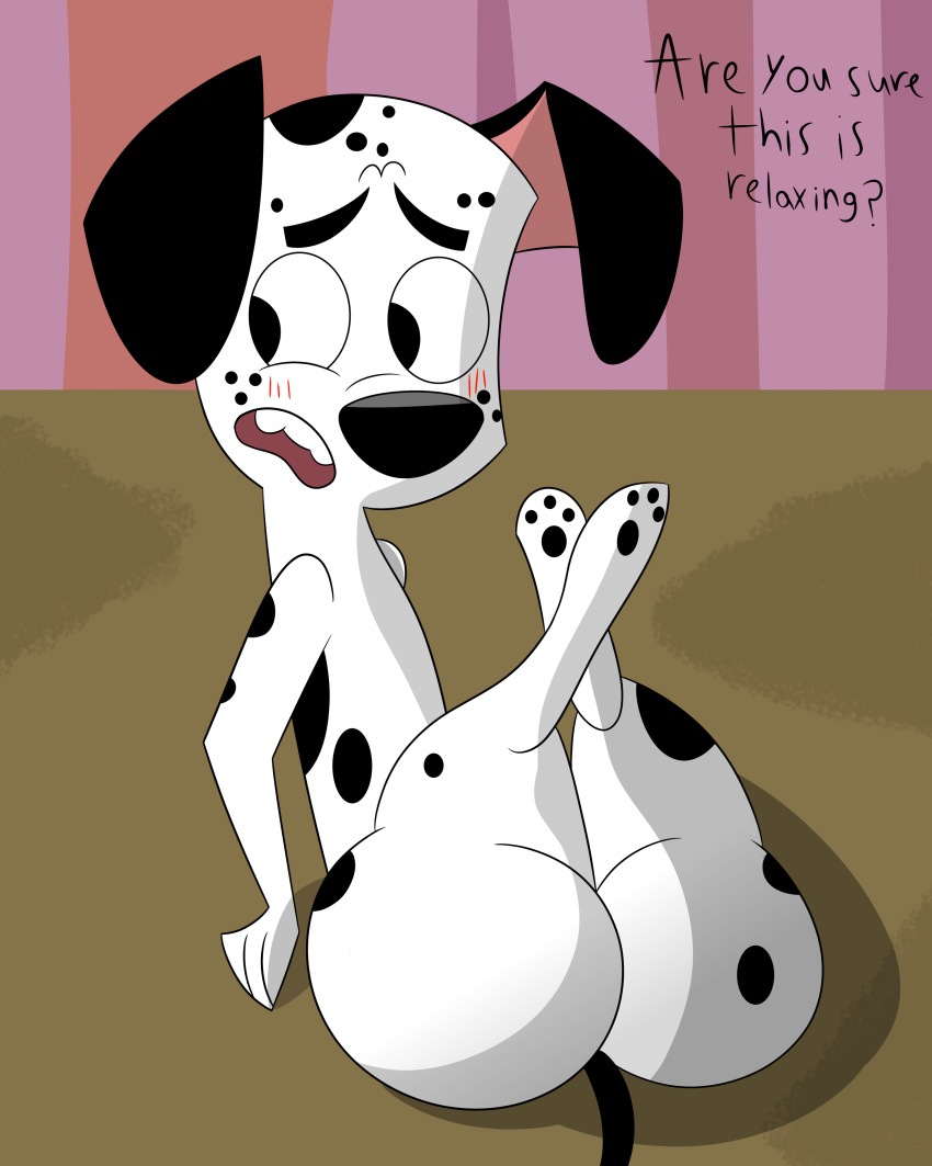 101_dalmatian_street 101_dalmatians 4:5 absurd_res big_butt black_nose blush butt canid canine canis colossalstars dalmatian dawkins_(101_dalmatians) disney domestic_dog feral fur grass hi_res male mammal pawpads shaded shy solo spots spotted_body spotted_fur tree