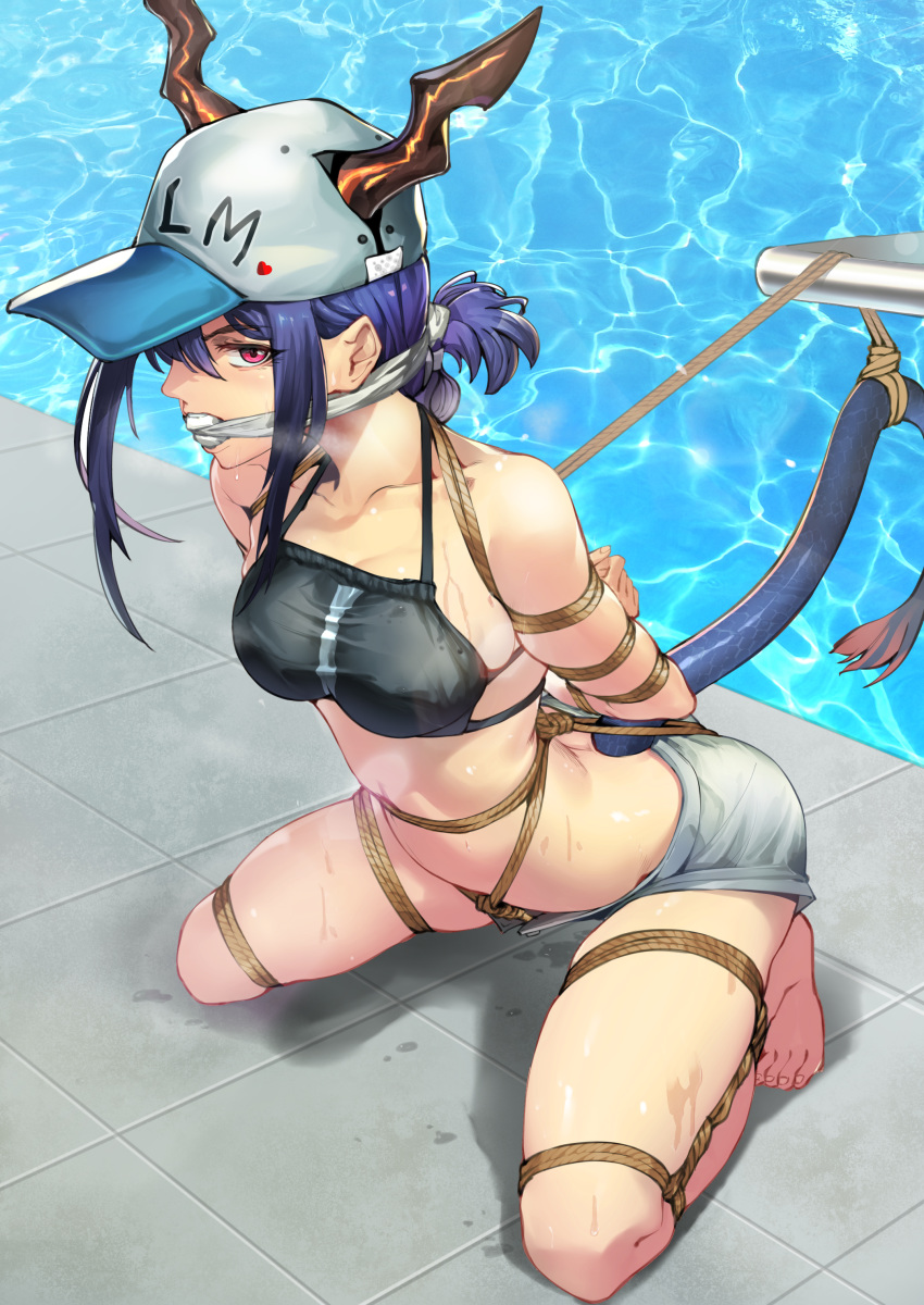1girl absurdres arknights arms_behind_back barefoot baseball_cap bdsm bikini bikini_top blue_hair bondage bound ch'en_(arknights) chen_zi collaboration commission crotch_rope dragon_horns dragon_tail frogtie gag gagged hat highres horns kneeling poolside red_eyes restrained rope shinebell short_shorts shorts swimsuit tail water