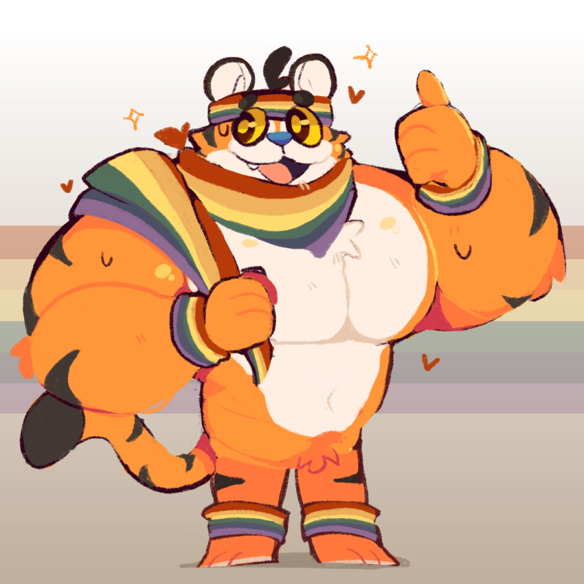 &lt;3 1:1 2020 accessory ankleband anthro black_body black_fur black_stripes clothing felid frosted_flakes fur gesture headband hi_res kellogg's lgbt_pride male mammal mascot multicolored_body multicolored_fur muscular muscular_anthro muscular_male neckerchief open_mouth open_smile orange_body orange_fur pantherine pride_color_clothing pride_colors rainbow_colors scraffyraccoon simple_background smile solo standing star striped_body striped_fur stripes super_gay thumbs_up tiger tony_the_tiger towel towel_on_shoulder white_body white_fur wristband