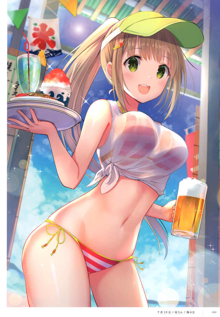 1girl absurdres alcohol artist_name bangs bare_shoulders beer beer_mug bikini blue_sky blush breasts cloud cloudy_sky cup day drinking_straw dual_wielding eyebrows_visible_through_hair food green_eyes hair_ornament hairclip highres holding indoors light_brown_hair long_hair looking_at_viewer medium_breasts mug navel ocean open_mouth original page_number ponytail scan see-through shiny shiny_hair simple_background sky smile solo sparkle stomach striped striped_bikini sun sunlight swimsuit tied_hair tray u_rin visor_cap