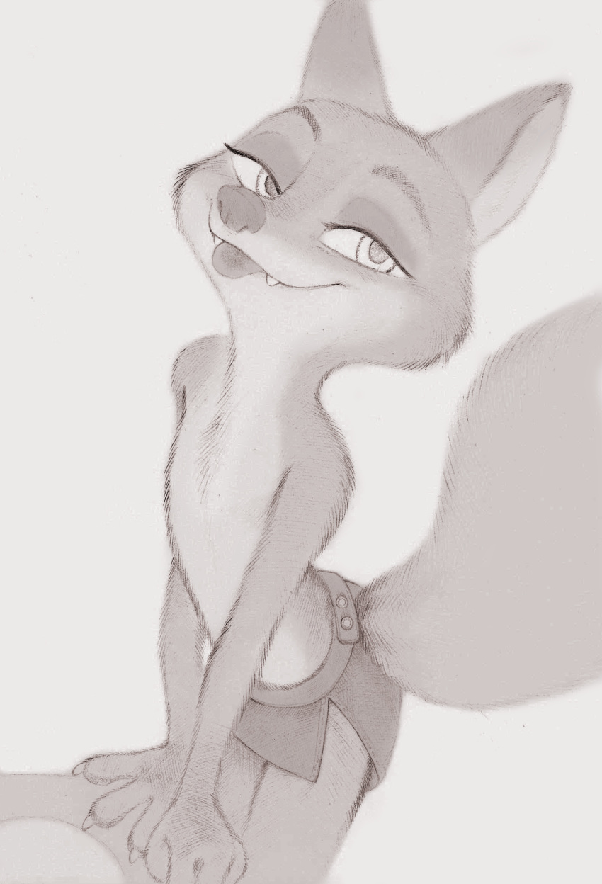 4_fingers anthro bedroom_eyes blep bottomwear canid canine clothed clothing crossdressing disney fangs fingers fox fuchs furgonomics girly greyscale half-closed_eyes hi_res male mammal miniskirt monochrome narrowed_eyes nick_wilde seductive simple_background sketch skirt solo tongue tongue_out traditional_media_(artwork) zootopia