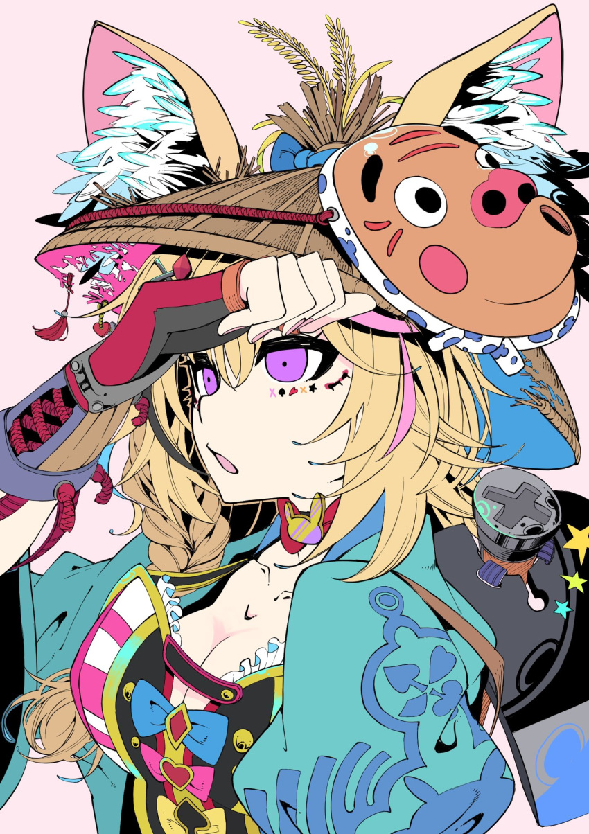 1girl adapted_costume animal_ear_fluff animal_ears blonde_hair bow breasts cleavage close-up collarbone fingerless_gloves fox_ears gloves hat highres hololive japanese_clothes looking_ahead mask mask_on_head medium_breasts omaru_polka open_mouth purple_eyes red_bow solo tetsu_booya