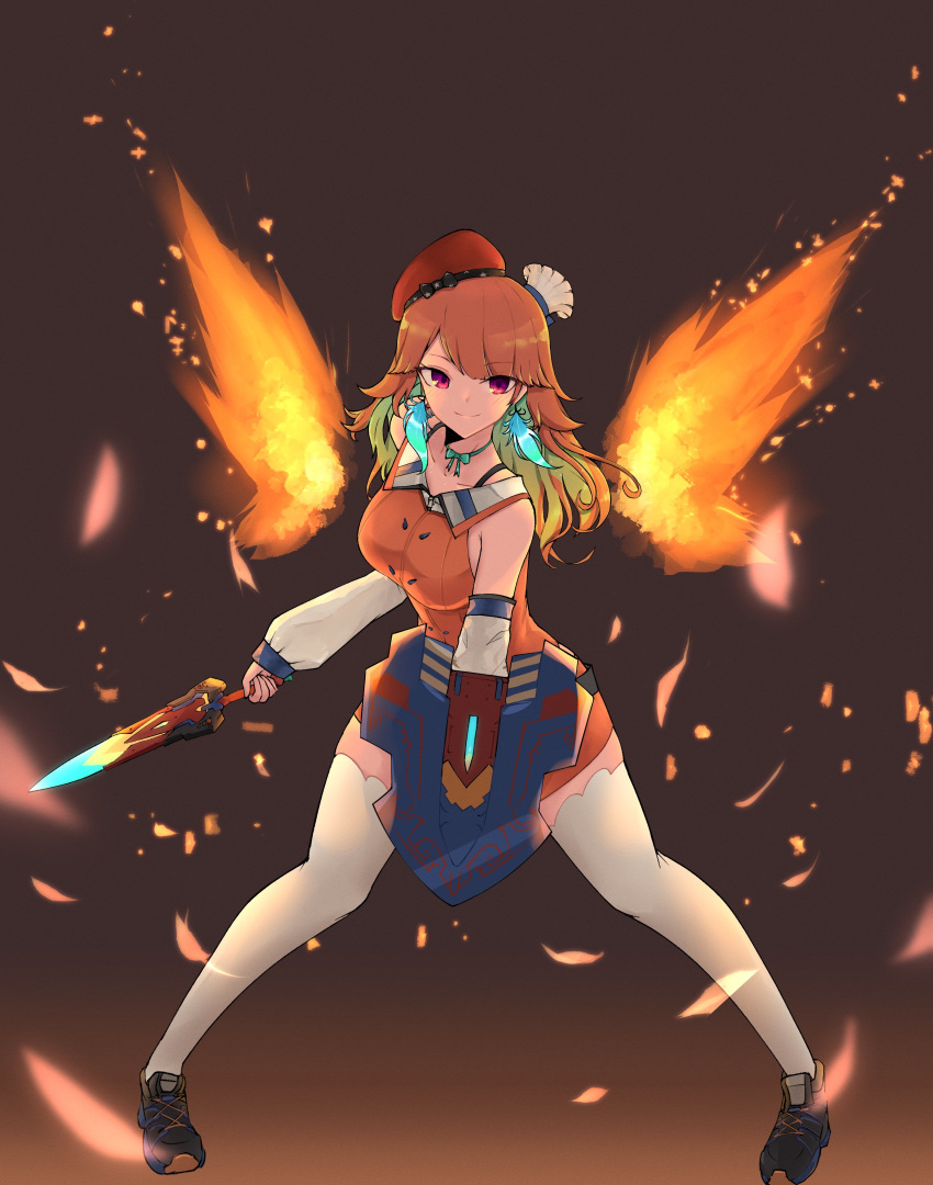 1girl absurdres breasts chef_hat detached_sleeves energy_wings fighting_stance gradient_hair green_hair hat highres holding holding_shield holding_sword holding_weapon hololive hololive_english long_hair looking_to_the_side lyrinne medium_breasts multicolored_hair orange_hair orange_headwear shield smile solo standing sword takanashi_kiara thighhighs virtual_youtuber weapon