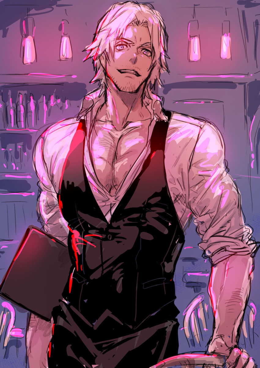1boy black_vest chair collarbone collared_shirt commentary_request cowboy_shot dante_(devil_may_cry) devil_may_cry devil_may_cry_5 dress_shirt facial_hair grey_eyes grin highres indoors light looking_at_viewer male_focus ogata_tomio partially_unbuttoned pectorals shirt short_hair sketch sleeves_rolled_up smile solo standing stubble vest white_hair white_shirt