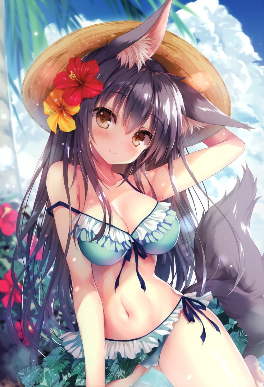 1girl absurdres animal_ears arm_up artist_name bangs bare_shoulders bikini black_hair blue_sky blush breasts brown_eyes cleavage closed_mouth cloud cloudy_sky day eyebrows_visible_through_hair flower frills front-tie_bikini front-tie_top hair_flower hair_ornament hat hibiscus highres long_hair looking_at_viewer medium_breasts off_shoulder original outdoors palm_leaf palm_tree scan shiny shiny_skin side-tie_bikini simple_background sky solo sparkle sun_hat sweat sweatdrop swimsuit tail tateha_(marvelous_grace) thighs tree