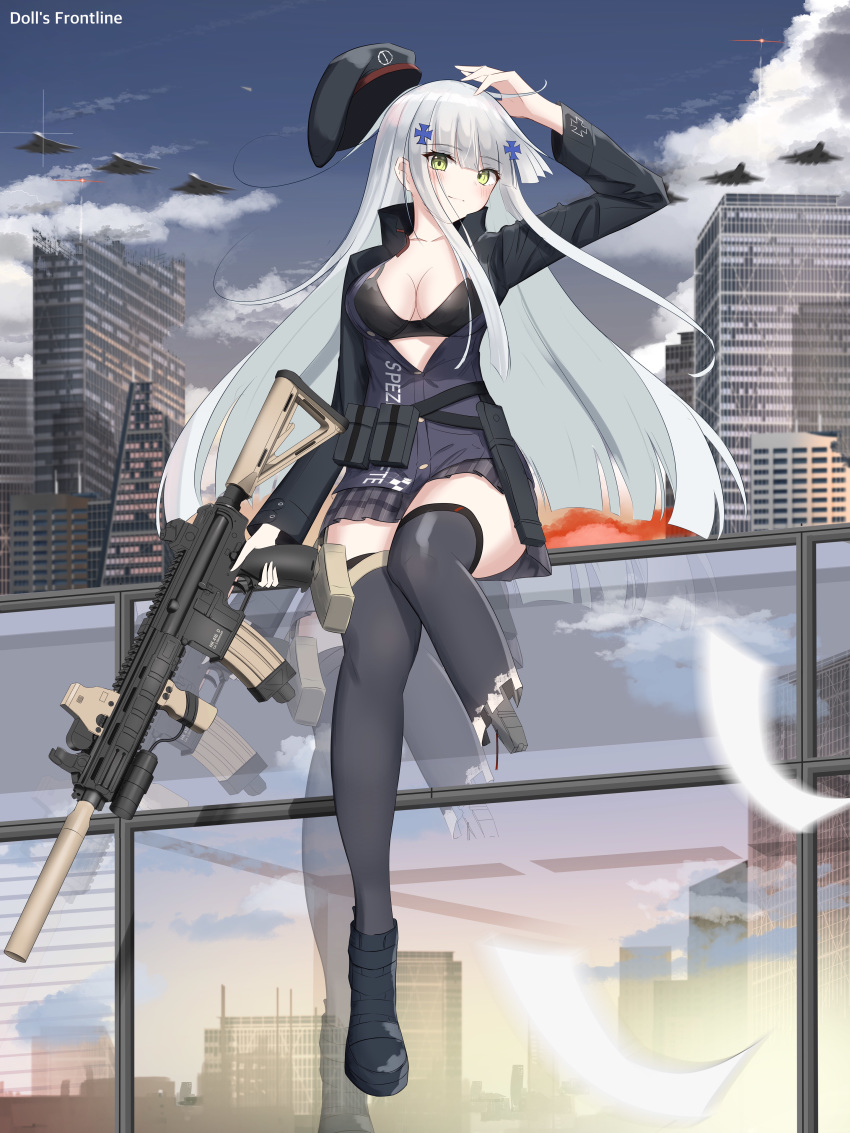 1girl absurdres assault_rifle bangs beret black_bra black_footwear black_legwear blue_hair blush bra breasts cleavage closed_mouth collarbone damaged eyebrows_visible_through_hair girls_frontline green_eyes gun h&amp;k_hk416 hat highres hk416_(girls_frontline) holding holding_weapon jacket long_hair looking_at_viewer mechanical_parts medium_breasts open_clothes open_jacket rifle rynn_(rynn_cube) shoes sitting skirt smile solo thighhighs underwear weapon