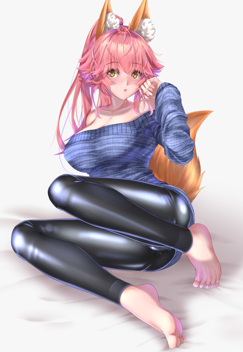 1girl :o absurdres alternate_costume animal_ears arm_up bare_shoulders barefoot black_legwear blue_sweater blush breasts cameltoe cleavage collarbone eyebrows_visible_through_hair eyes_visible_through_hair fate/extra fate/grand_order fate_(series) feet fox_ears fox_tail hand_on_own_cheek highres kamehito large_breasts long_hair looking_at_viewer off-shoulder_sweater off_shoulder open_mouth pants pink_hair simple_background sitting solo sweater tail tamamo_(fate)_(all) tamamo_no_mae_(fate) tight tight_pants toes white_background yellow_eyes