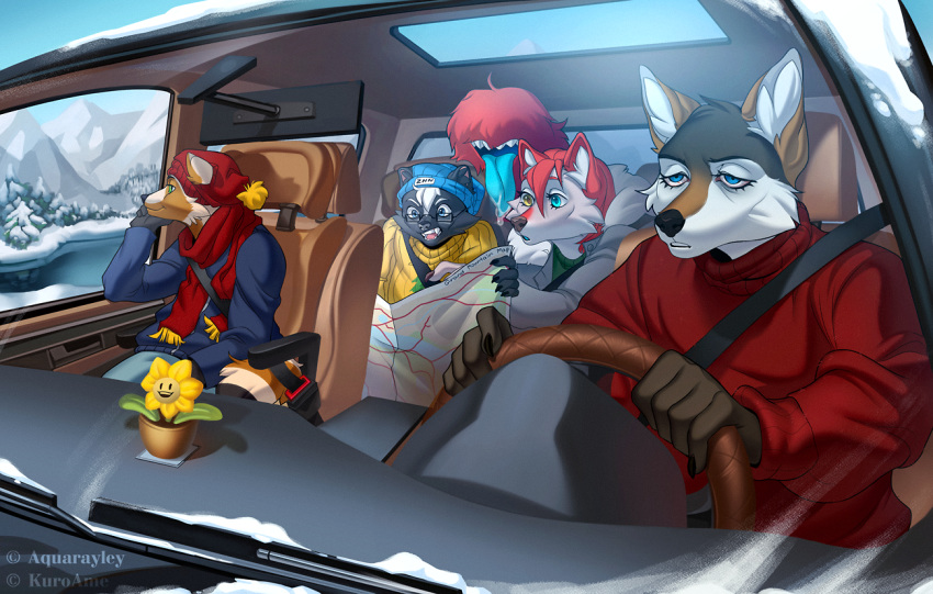 anthro canid canine canis car darkflamewolf daughter driving family fan_character female flower group heterochromia kuroame lost male mammal map max_thrash mephitid moon_roof mother mother_and_child mother_and_daughter mother_and_son mountain murana_wolford_(darkflame-wolf) parent parent_and_child plant procyonid raccoon rayley road_trip sibling skunk snow snow_mountains son steven_stinkman tail_maw tail_mouth taylor_renee_wolford_(darkflamewolf) tired tired_eyes tongue tongue_out vacation vehicle wolf