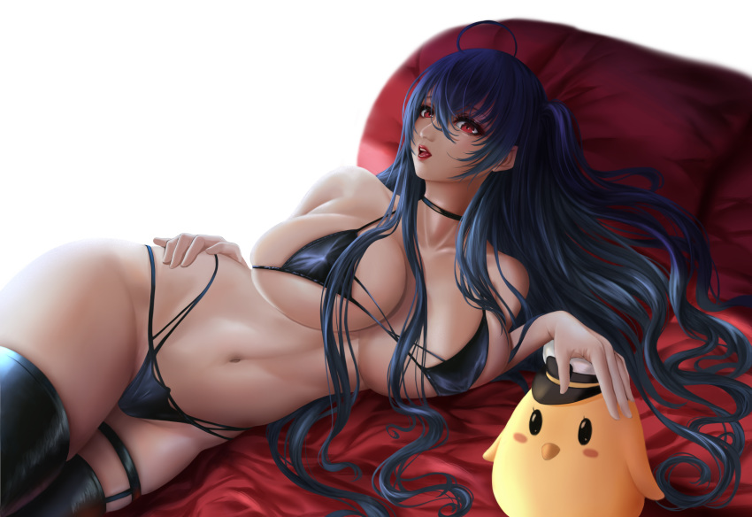 1girl absurdres azur_lane bangs bikini black_bikini black_choker black_hair breasts choker crossed_bangs hat highleg highleg_bikini highres large_breasts lips long_hair lying manjuu_(azur_lane) multi-strapped_bikini multiple_straps nose on_side peaked_cap race_queen red_eyes skindentation solo swimsuit taihou_(azur_lane) taihou_(enraptured_companion)_(azur_lane) thigh_strap tongue very_long_hair yuzuriha_(pixiv_14248010)