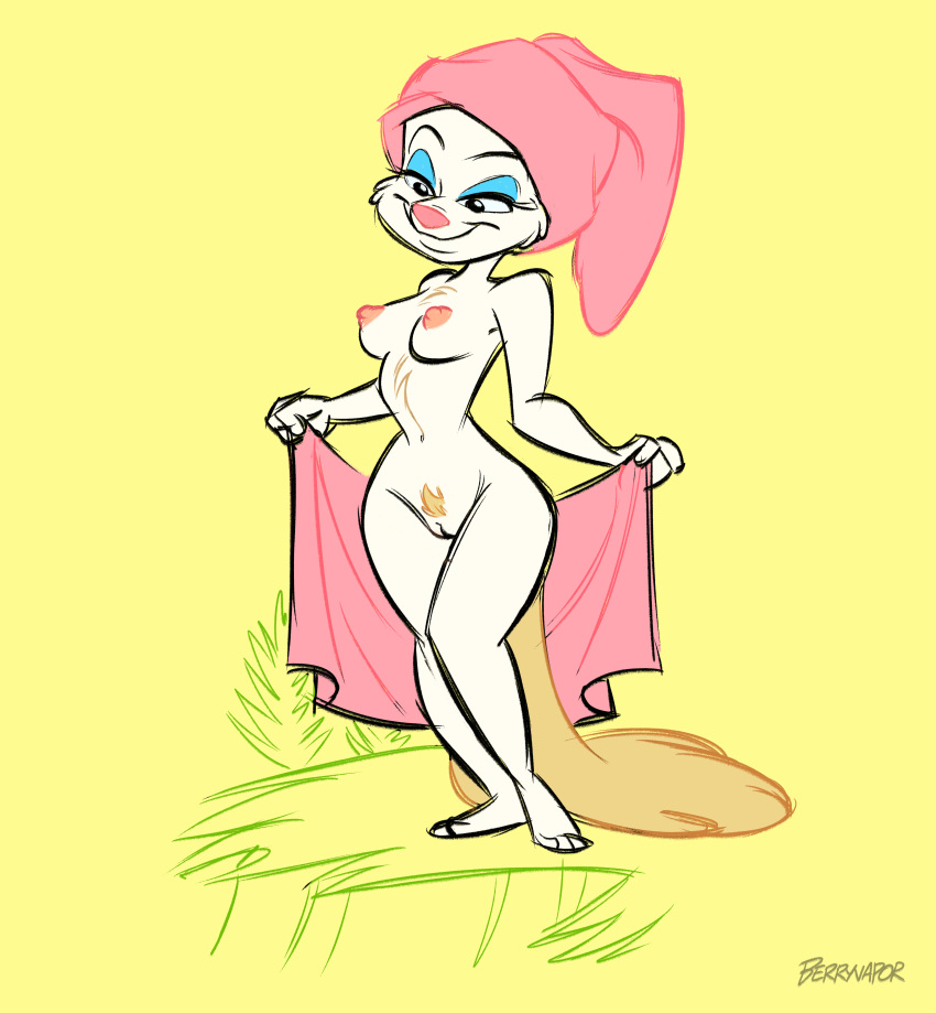 absurd_res animaniacs anthro bedroom_eyes berryvapor breasts female genitals hi_res mammal minerva_mink mink mostly_nude mustelid musteline narrowed_eyes nipples pubes pussy seductive solo standing towel towel_on_head towel_only warner_brothers