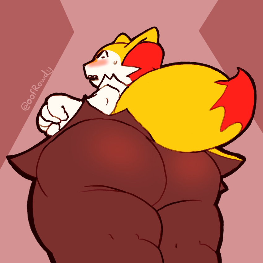 anthro big_butt blush braixen butt embarrassed female hi_res low-angle_view nintendo oofrowdy pok&eacute;mon pok&eacute;mon_(species) rear_view scarlet_(oofrowdy) simple_background solo video_games