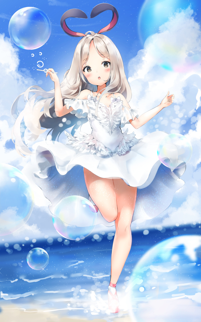 1girl absurdres animal_ears arms_up blade_&amp;_soul blush bubble bunny_ears cloud dress forehead highres keibeam leg_up long_hair lyn_(blade_&amp;_soul) ocean open_mouth outdoors silver_eyes silver_hair sky solo standing standing_on_one_leg sundress wading water white_dress wind wind_lift
