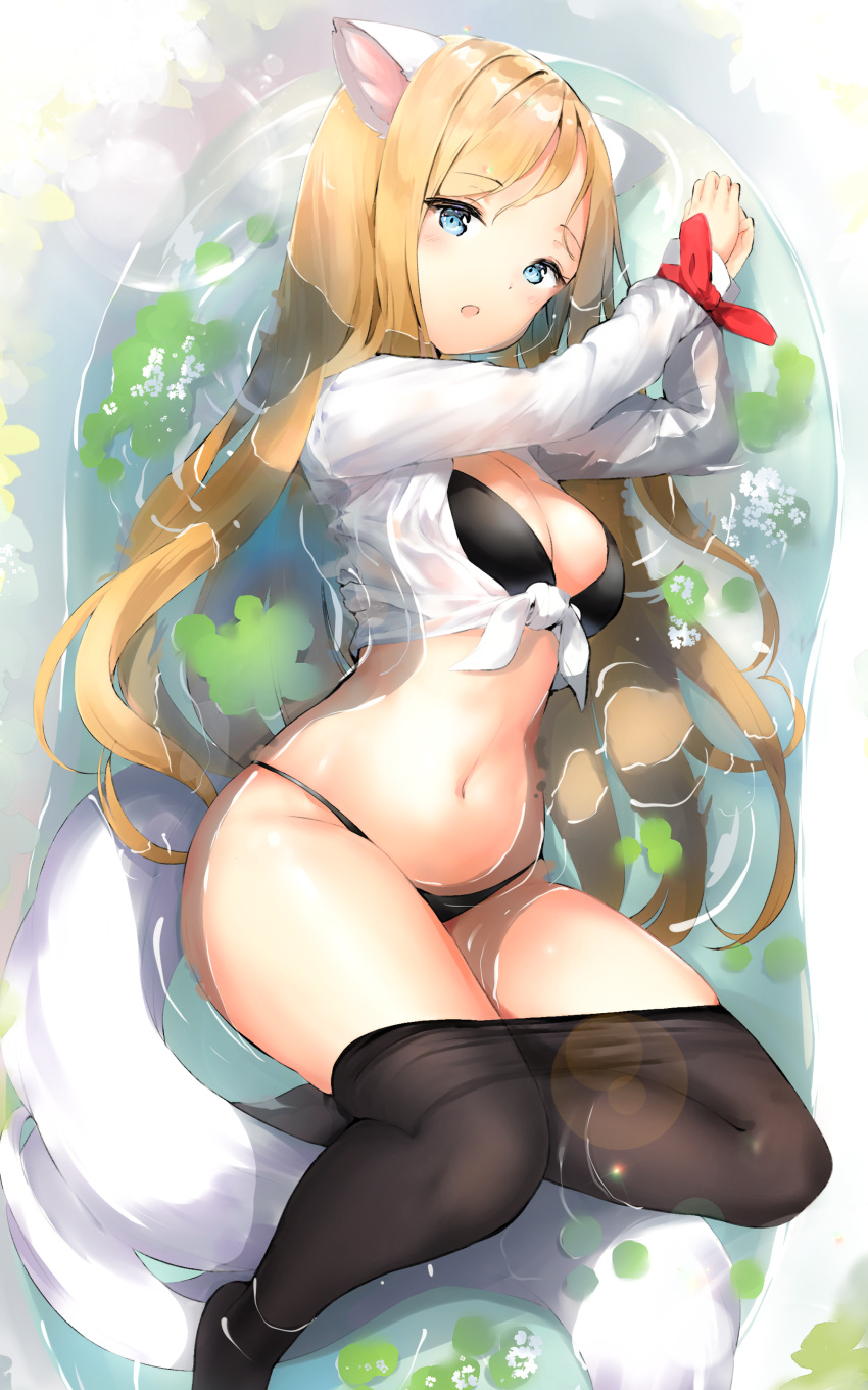 1girl absurdres animal_ears arms_up black_bra black_legwear black_panties blade_&amp;_soul blonde_hair blue_eyes bound bound_wrists bra breasts cleavage fox_ears fox_tail highres keibeam large_breasts long_hair looking_at_viewer lying lyn_(blade_&amp;_soul) multiple_tails navel on_side open_clothes open_shirt panties pantyhose pantyhose_pull partially_submerged ribbon shirt solo tail thighs underwear water wet wet_clothes white_shirt