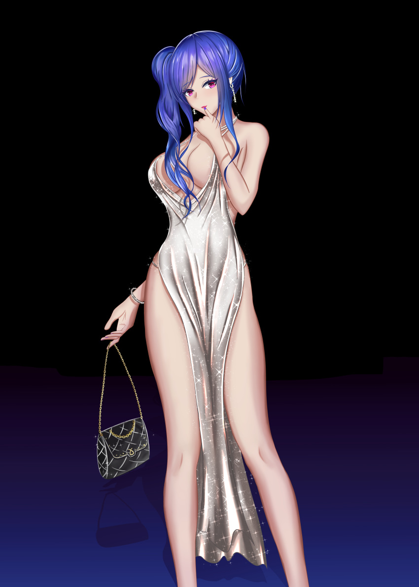 1girl absurdres azur_lane backless_dress backless_outfit bag bangs bare_shoulders blue_hair blue_nails breasts cleavage dress earrings eeyoosekedooaat evening_gown halter_dress handbag highres holding holding_bag huge_filesize jewelry large_breasts long_dress necklace plunging_neckline red_eyes revealing_clothes side_ponytail side_slit sidelocks silver_dress sleeveless sleeveless_dress solo st._louis_(azur_lane) st._louis_(luxurious_wheels)_(azur_lane) thighs